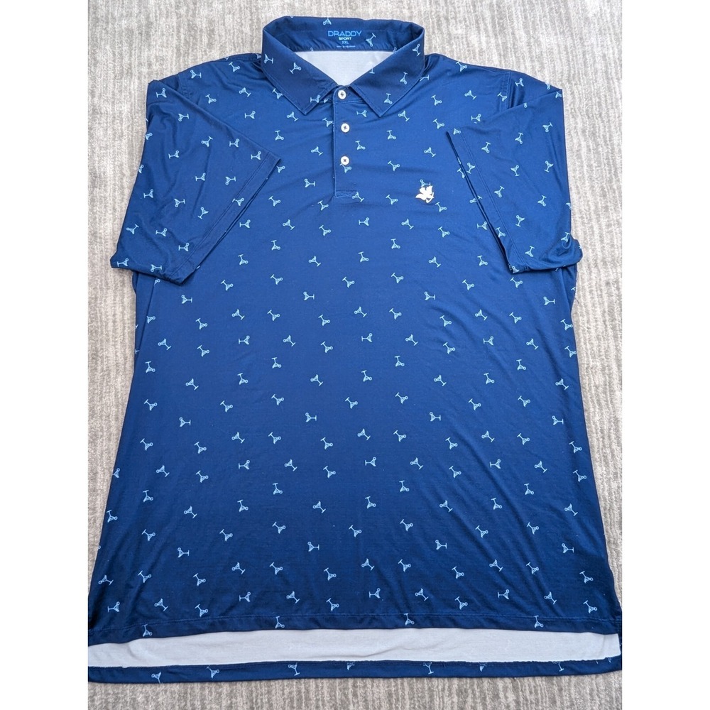 B Draddy Polo Shirt Mens 2XL Blue Martini Cocktail AOP Performance Stretch Golf